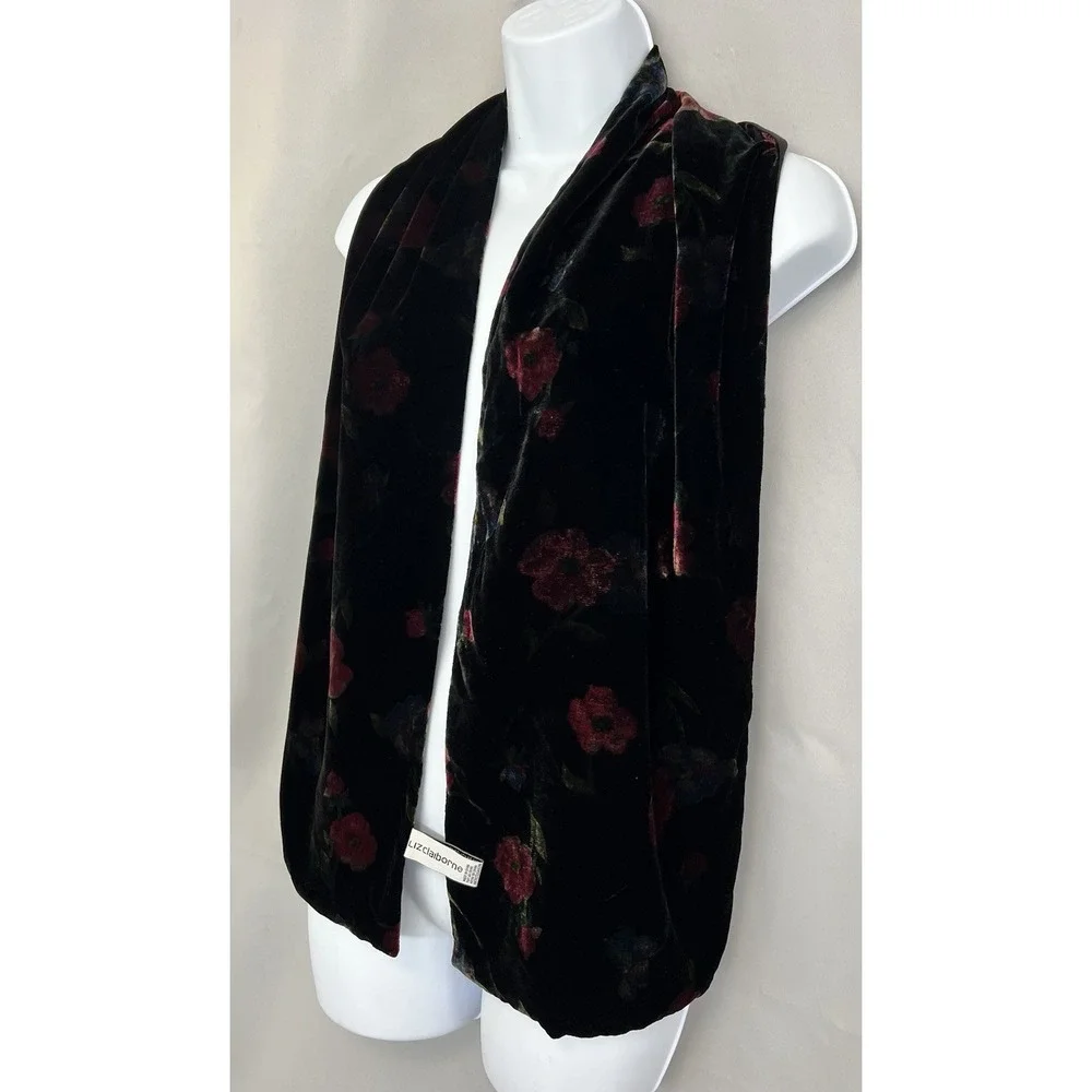 VTG Liz Claiborne Red Black Winter Velvet Silk Floral Scarf Women 58